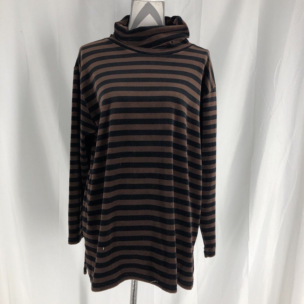 Vintage Sag Harbor Turtleneck Top Womens Large Velour Brown Black Striped